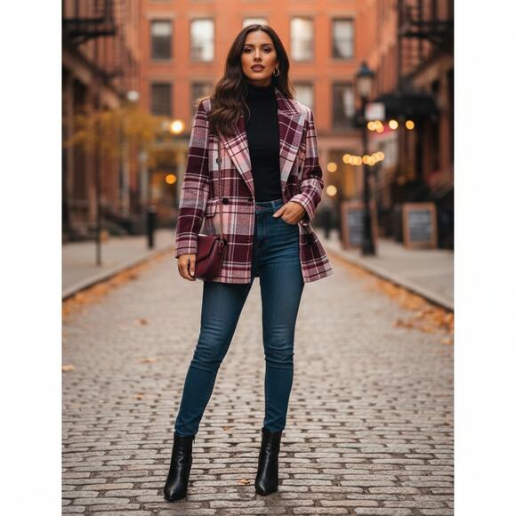 Avec Les Filles Burgundy Plaid Wool Blazer Jacket - Picture 1 of 7